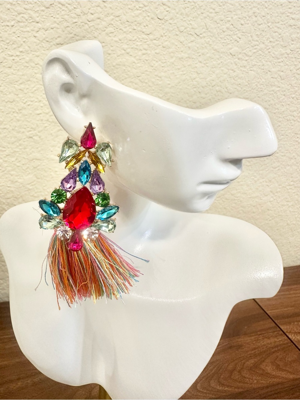 Multicolor Gem Tassel Earrings with Red Center
